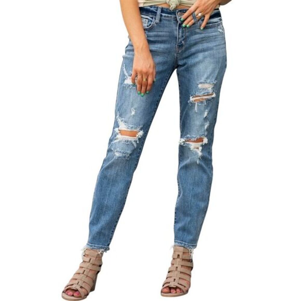 Judy Blue Women’s Mid Rise Boyfriend Fit Ripped Jeans Medium Wash Denim